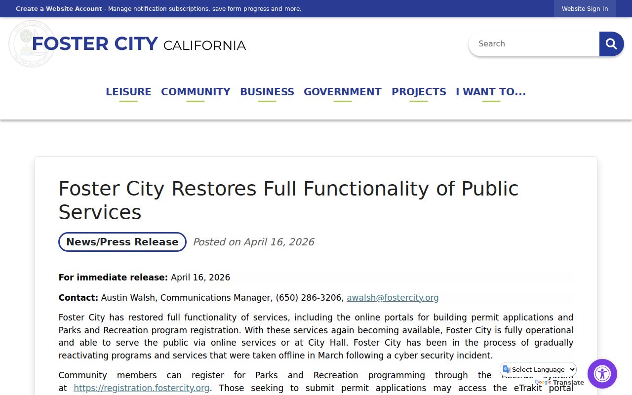 Foster City city directory city online services restoration notice