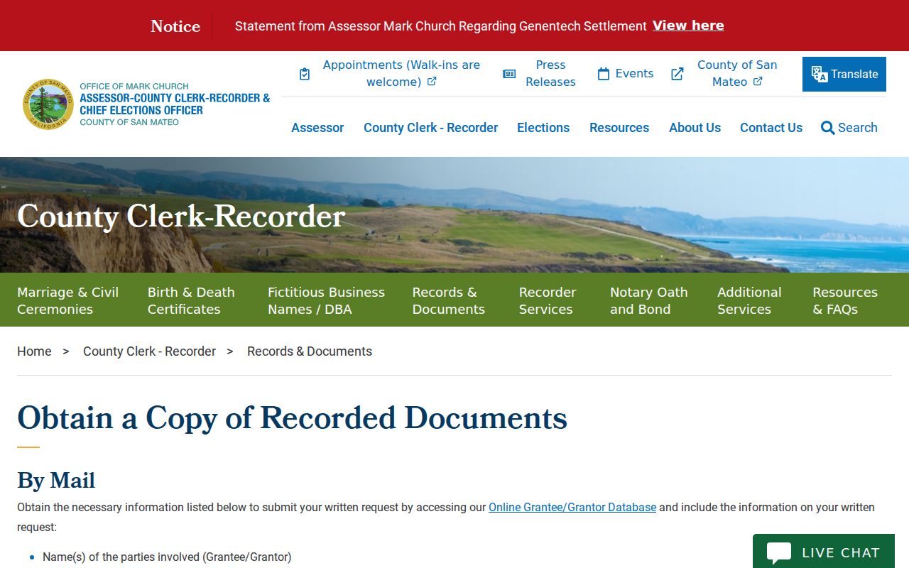 Foster City previous residents recorded document copy request