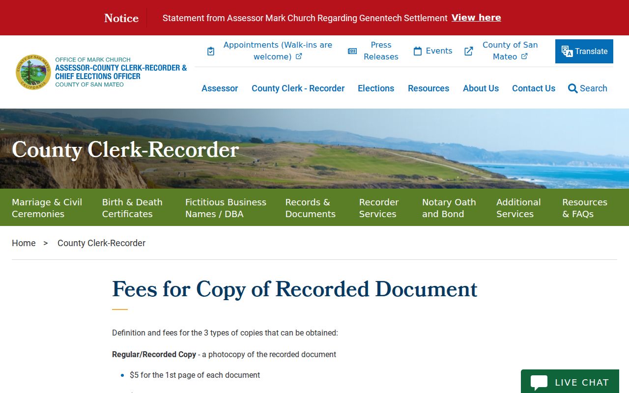 Foster City previous residents recorded document fees